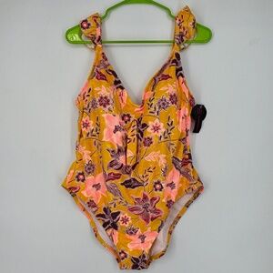 NOBO No Boundaries Juniors 2X 19 21 One Piece Swim Bathing Suit Yellow Floral